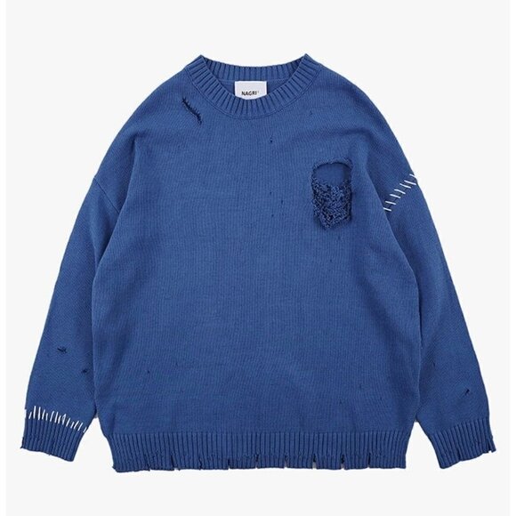 NAGRI Oversized Sweater Blue Pullover Distressed Torn Stitched Destroyed L - Picture 1 of 6